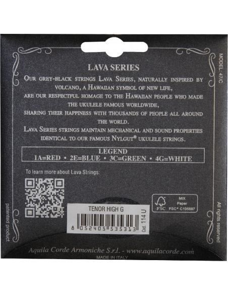 UKULELE - LAVA SERIES® TENOR Key of C – GCEA High G - SUPER NYLGUT® BLACK 114U