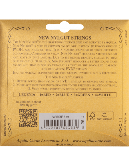 CORDE UKULELE BARITONE –  NEW NYLGUT® - SET 8 CORDE LOW D - dDgGBBEE  - cod.  26U