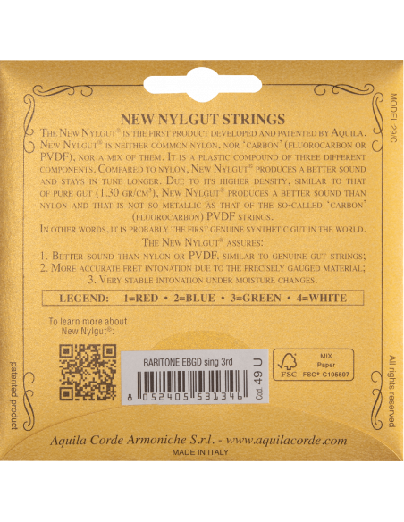 UKULELE - NEW NYLGUT® Single string spun 3rd Baritone 4-string EBGD, Code 49U