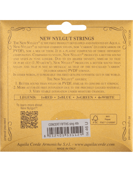 UKULELE - NEW NYLGUT® Single string spun 4th Concert tuning as the viola da braccio, Code 46U