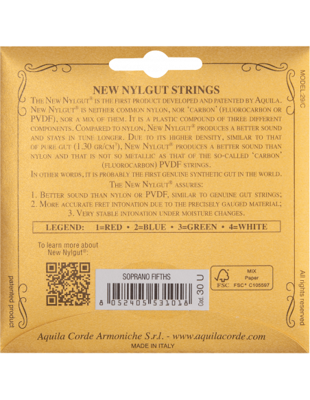 SOPRANO UKULELE STRINGS – NEW NYLGUT® – FIFTHS TUNING SET – GDAe – Code 30U