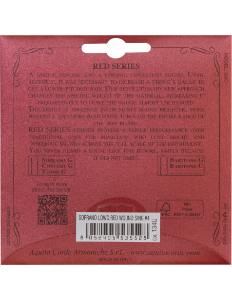 CORDE UKULELE SOPRANO - RED SERIES® - 4th Low G filata 4a Soprano cod. 134U